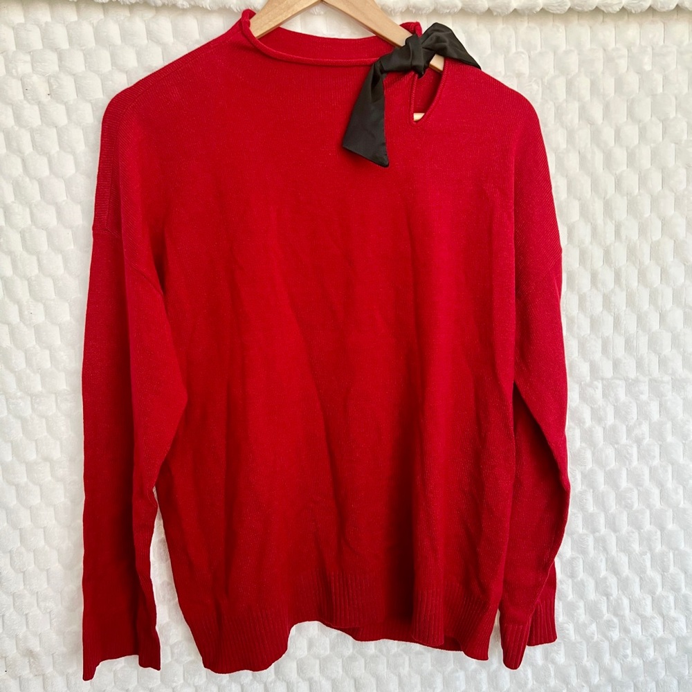 New York and Company Red Sweater with Black Satin Bow - Size XL - New with Tags